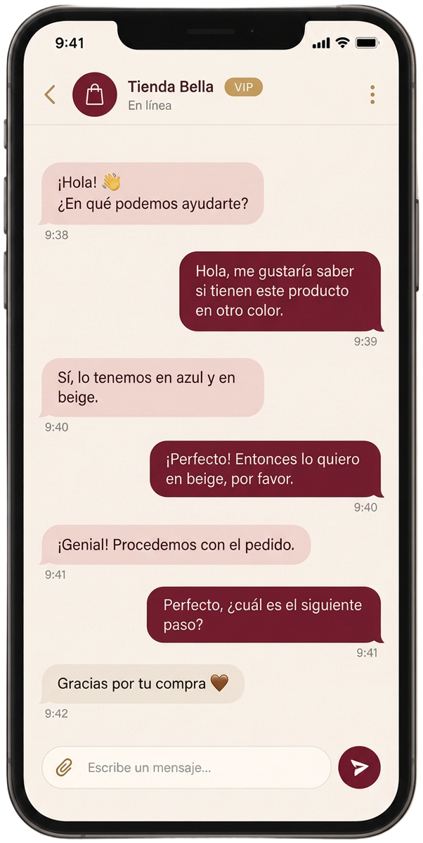 Móvil con el mismo chat ordenado, con respuestas y una venta cerrada